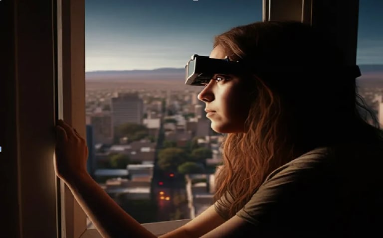 a woman wearing a virtual reality headset and a virtual reality headset