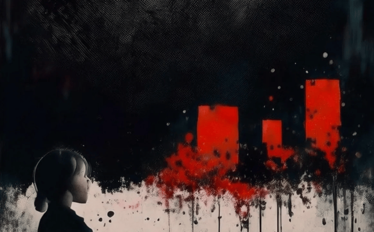 a girl in a black shirt and a red and white background