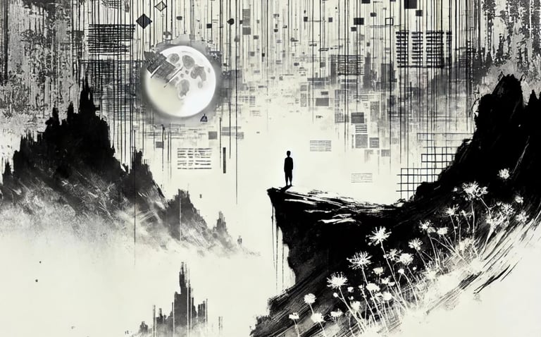 a man standing on a cliff overlooking a city