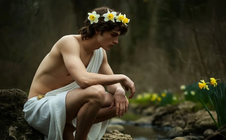 Narcizo in a white robe sitting on a rock