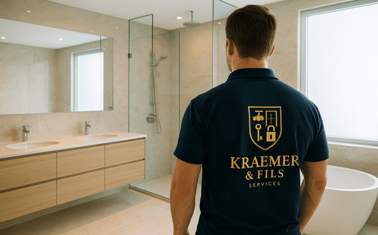 a man in a blue shirt and a white tub tub in a bathroom