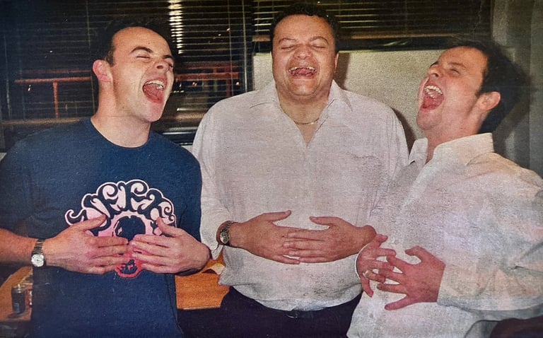 Jon Yon having fun with TV Hosts Ant & Dec, after winning the Saturday Night Takeaway Talent Show