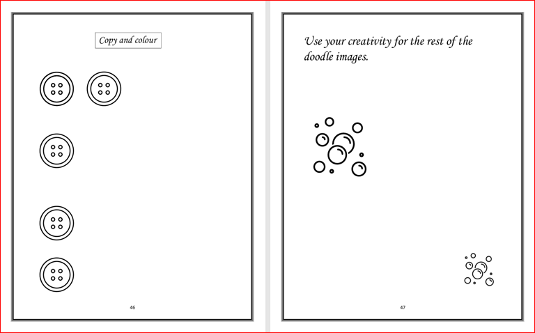 A doodling sheet of a picture of a buttonhole and bubbles