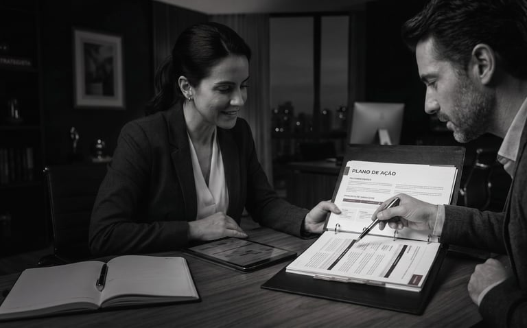 Advogados analisando o plano de ação do escritório