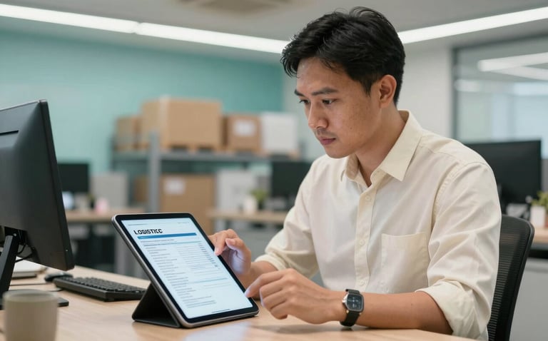 A professional in a modern Southeast Asian / Indonesian office setting, reviewing international logistics documentation on a sleek digital tablet. The background features a clean, high-tech distribution center with Soft Cream and Muted Teal accents, exuding reliability and modern sophistication.