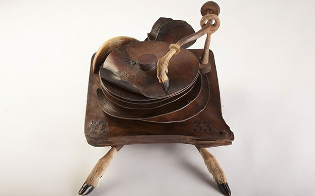 33|45 RPM, Leather, animal remains 2015 ©Miodrag Perić