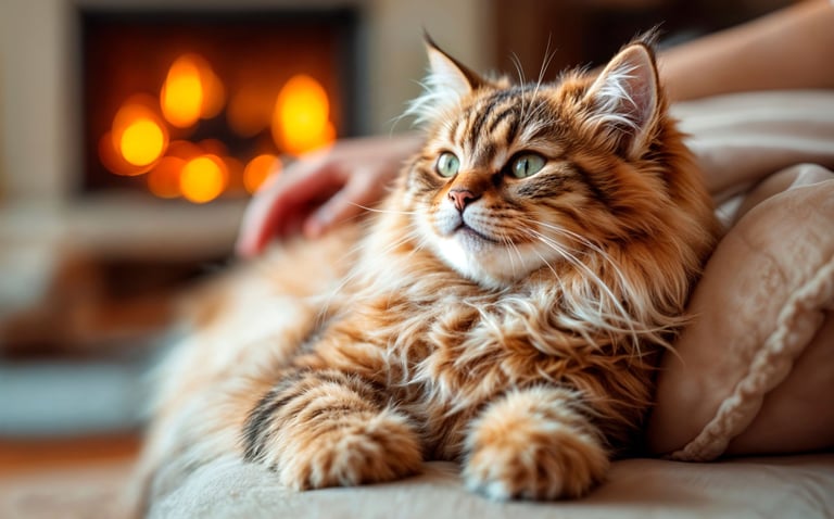 a cat is laying on a couch with a person's hand on the couch