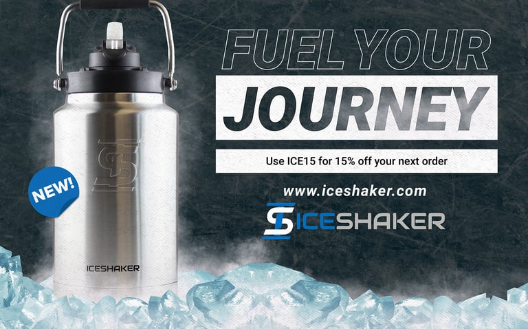 IceShaker - a stainless steel bottle with a black and white background
