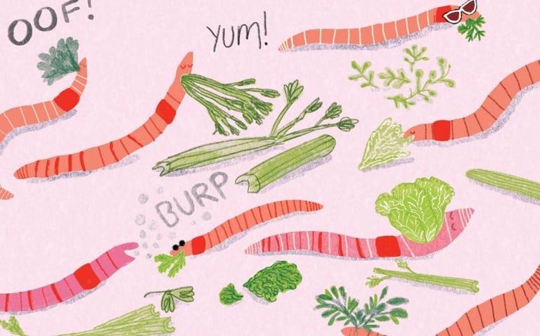 Illustration from from Darwin's Super-Pooping Worm Spectacular. Showing earthworms eating leaves.