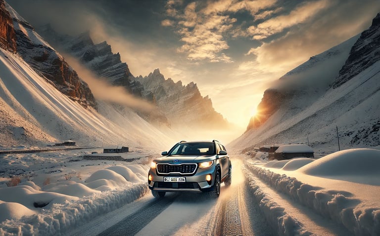 Kia Seltos driving through the rugged mountain roads of Lahaul Spiti in Himachal Pradesh.