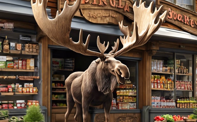 A moose stands in front of a neighbourhood grocery store