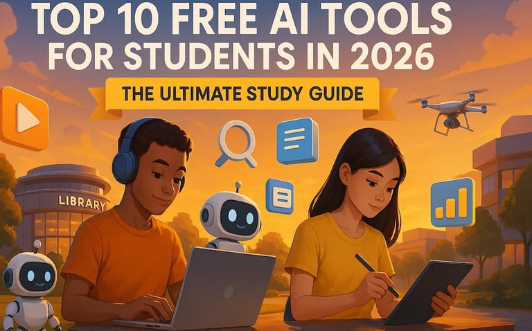 Top 10 Free AI Tools for Students in 2026 Ultimate Study Guide Illustration.
