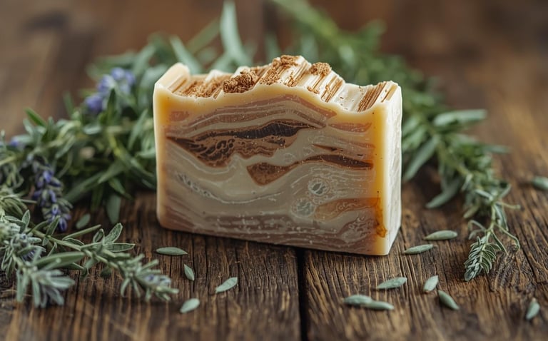 a swirled homemade soap on wood table with botanicals nearby