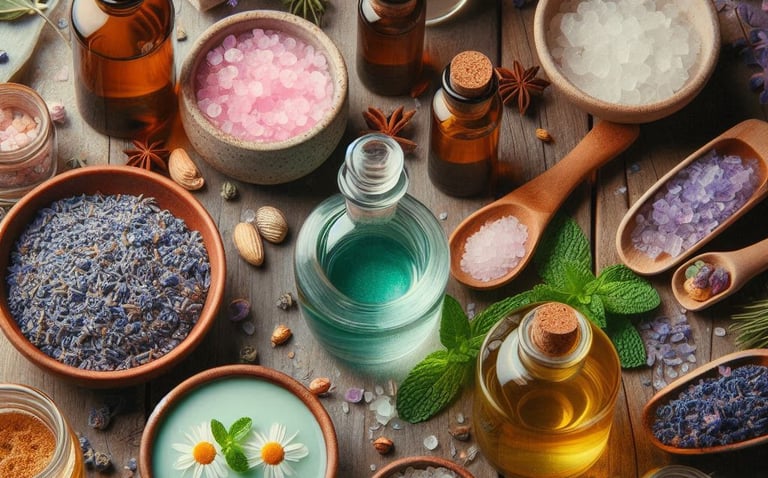 differnt colored liquids in glass decanters, brown glass bottles and wooden bowls  with various bota