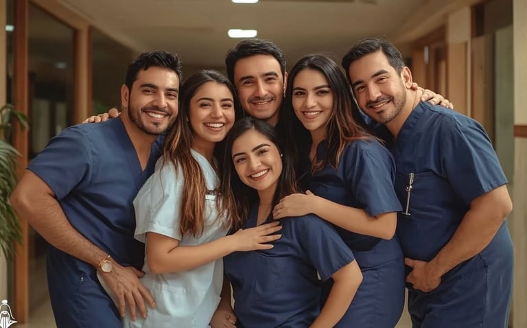 Equipo de seis profesionales de la salud, posando en clínica moderna con ambiente positivo y armonioso