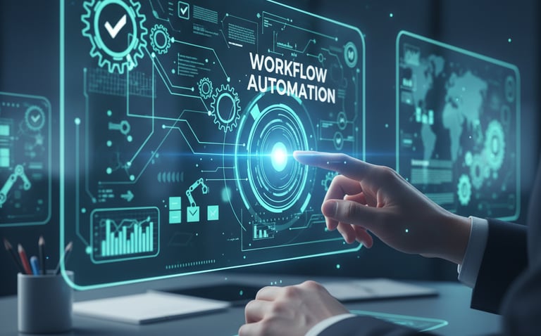 Businessman interacting with a holographic display for workflow automation, symbolizing increased ef