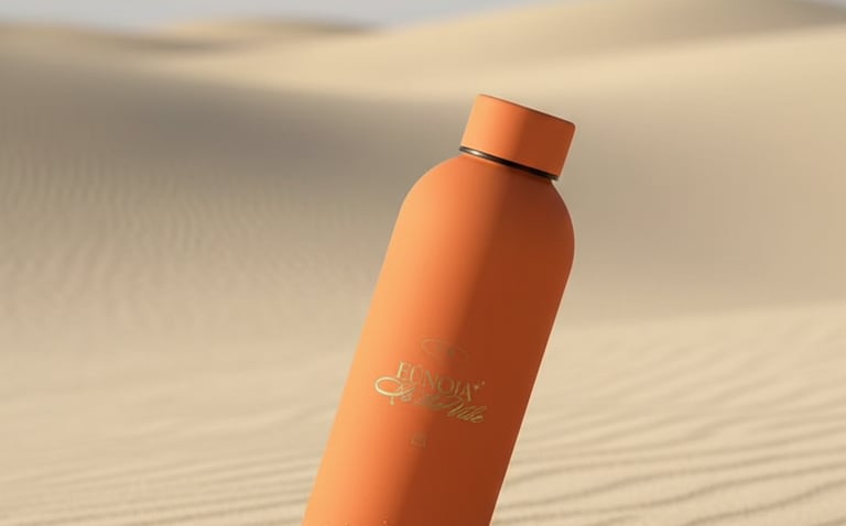 Termo reutilizable de merch eunoia de color naranja colocada en las dunas de arena.