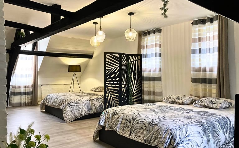 Chambre double spacieuse sous combles, hébergement professionnel tout confort