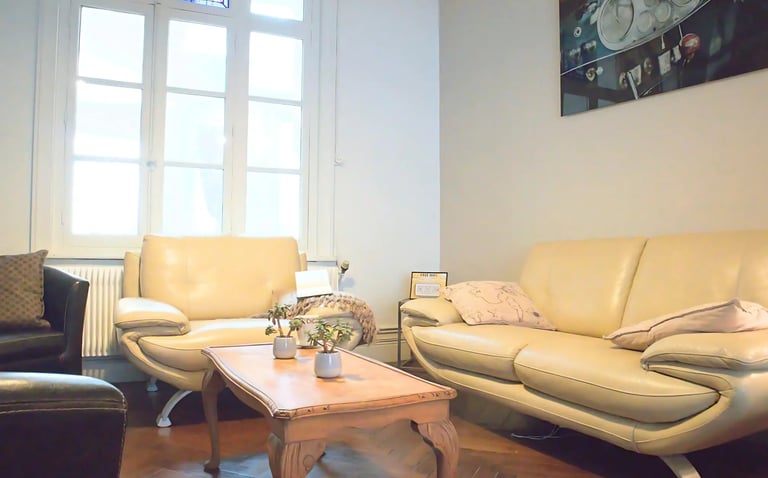 Salon lumineux avec canapés, hébergement professionnel à Saint-Omer