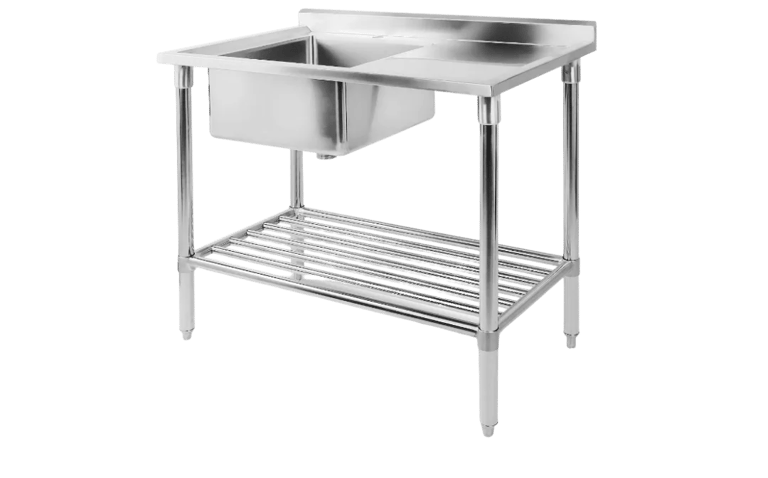 Prosumer grade stainless steel sink bench featuring a deep bowl, built-in splashback, and drainage shelf.