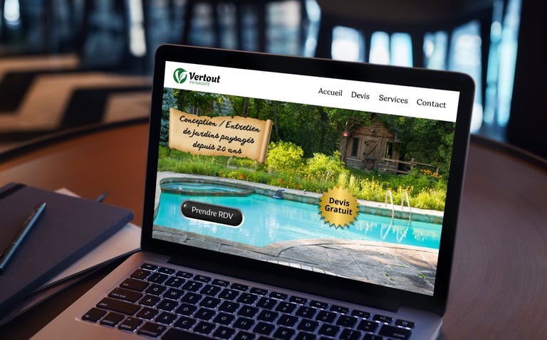 Ordinateur portable affichant un site web de paysagiste avec une piscine et un jardin décoré.