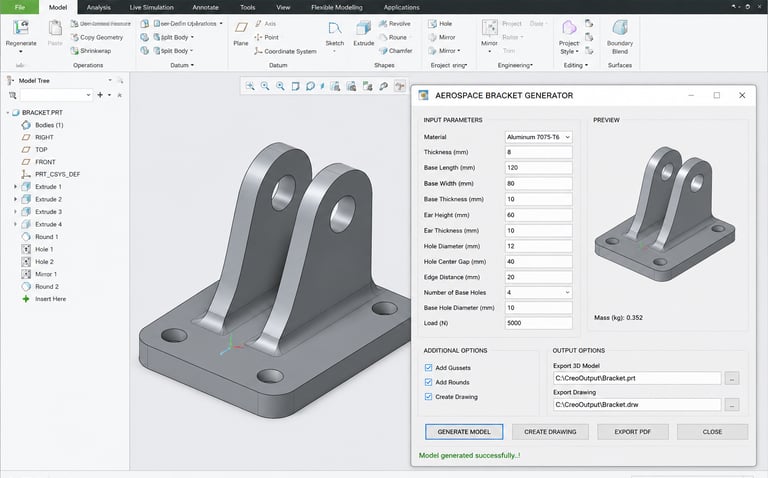 Descode Solutions provides Aerospace Bracket Generator as Creo customization project