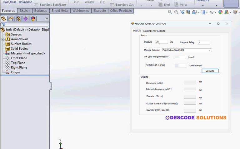 Image depicting knuckle joint automation done in Solidworks using Solidworks API