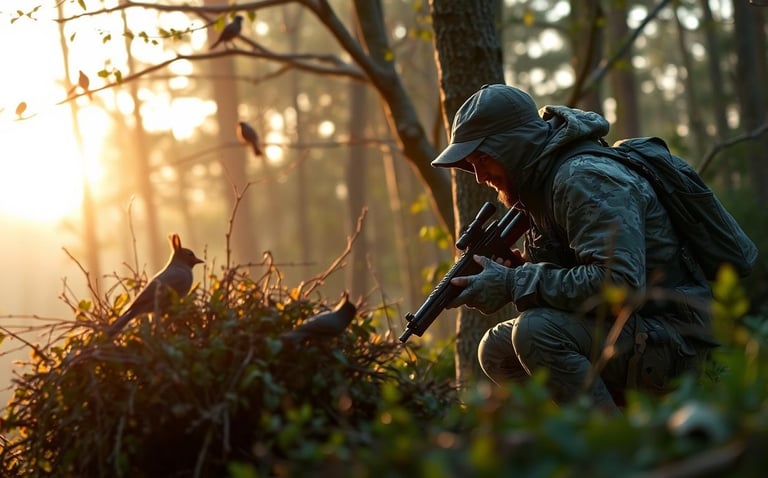  A hunter quietly crouched behind a bush, focused on a small game animal like a rabbit or squirrel. 