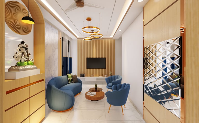 Living room interior design colours blue and golden royal look