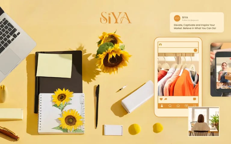a desk with laptop computer, stationery, pens and sunflowers while viewing social media content