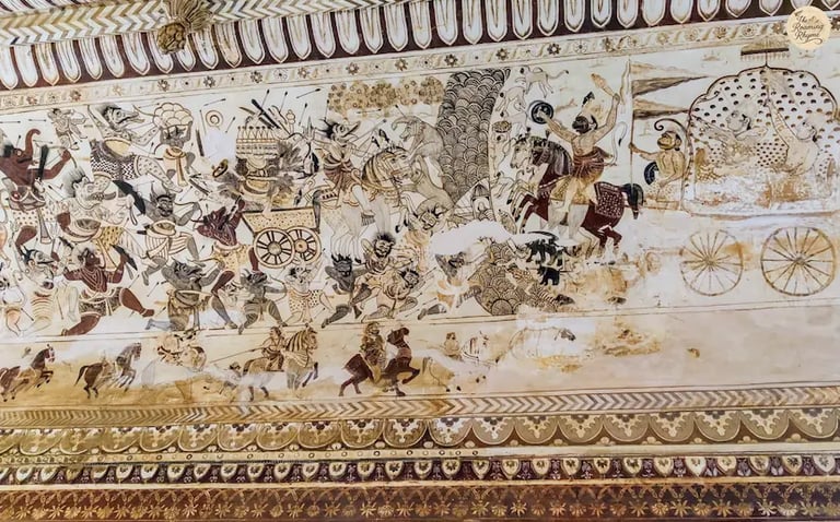 Ceiling fresco of Lakshmi Temple, Orchha depicting Lord Hanuman leading Rama's army on horseback.