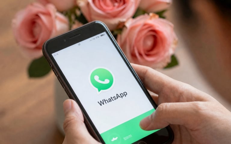 Una persona usando la aplicación móvil WhatsApp en un teléfono inteligente junto a rosas rosadas.