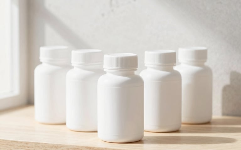 Bright high-key lifestyle photography of sealed vitamin bottles arranged neatly on a light wooden shelf, soft diffused shadows, clean minimalist setting
