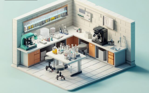 Laboratório interno com mobiliário técnico, bancadas organizadas e equipamentos científicos