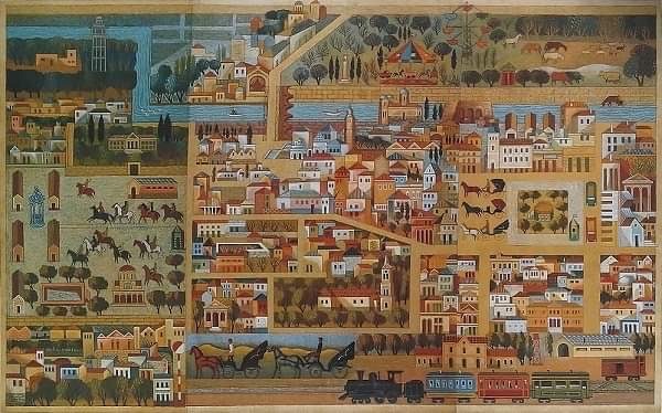 a painting of a cityscape of a city Αγηνωρ Αστεριαδης