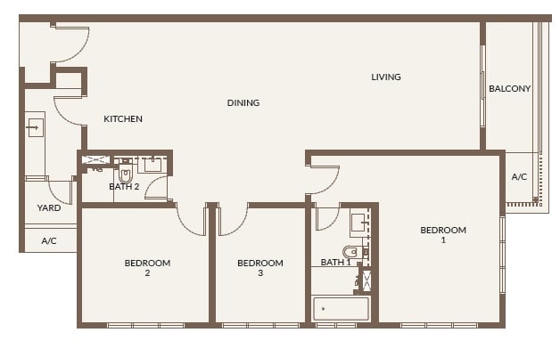Bukit Chagar Living Type E layout – 3 bedrooms, 2 bathrooms, 1 balcony apartment