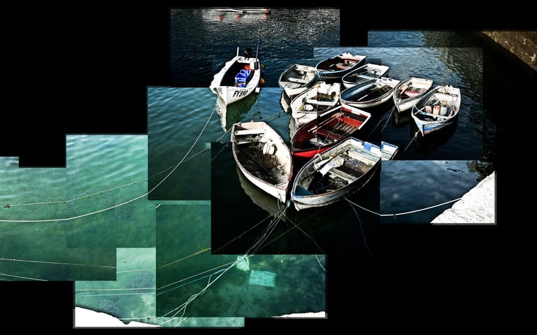 A joiner image of boats tied in a Cornish harbour