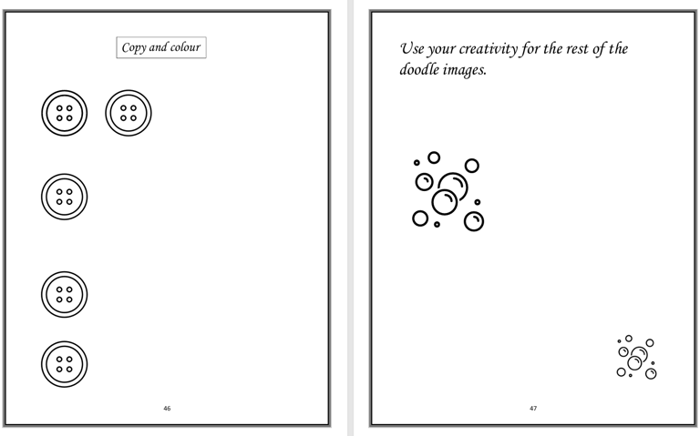 A doodling sheet of a picture of a buttonhole and bubbles