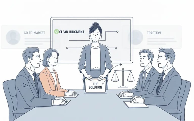 Founder demonstrating quiet, judgment-based confidence during investor pitch discussion.