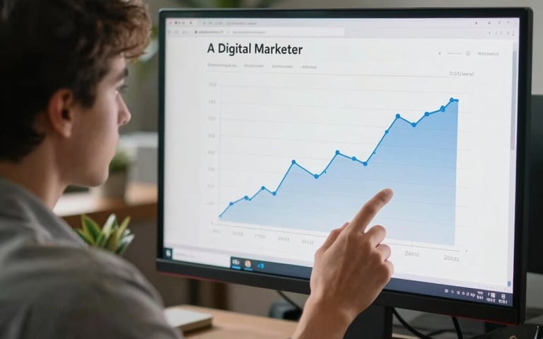 A digital marketer analyzing campaign growth charts on a modern display in a cozy Florida office context.