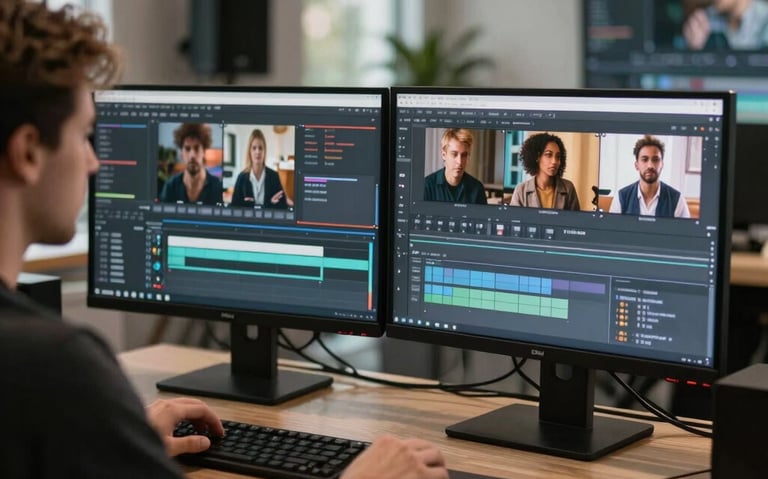 Behind-the-scenes photography of a video editor refining social content on dual monitors in a polished Florida creative studio with soft lighting.