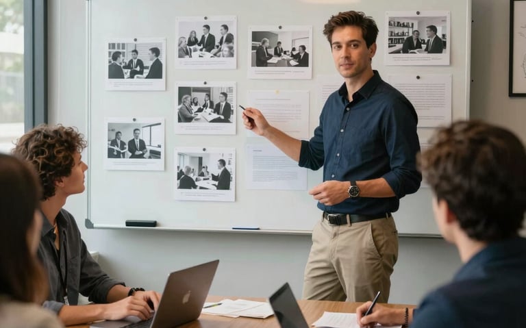 A creative marketing director presenting visual campaign concepts on a board to team members in a comfortable agency conference room in Florida.