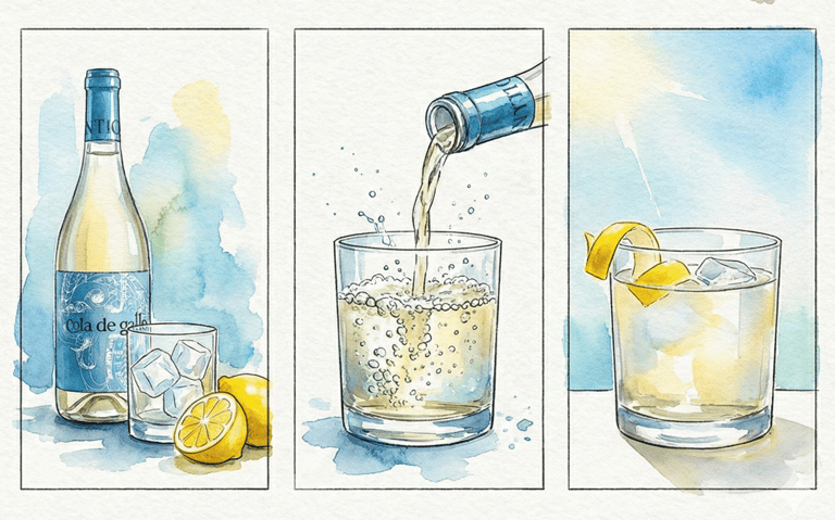 Boceto tutorial para servir vino blanco Cola de Gallo con hielo y rodaja de limón