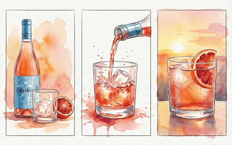 Boceto de preparación de cóctel con vino rosado Cola de Gallo, naranja sanguineli y hielo