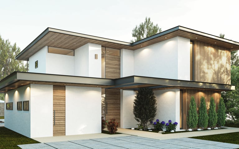 Une maison avec un grand garage et une allée