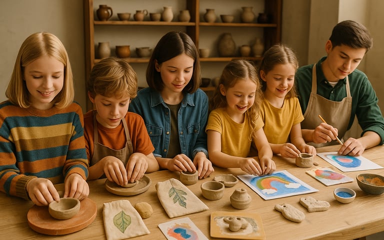 Children participating in a creative pottery workshop and art class with a teacher at a craft studio.