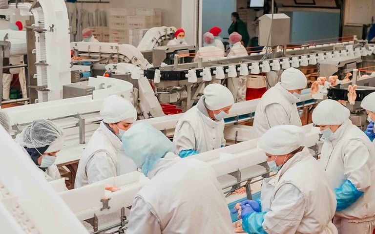 Manufacturing facility employees operating machinery under real-time video monitoring and perimeter