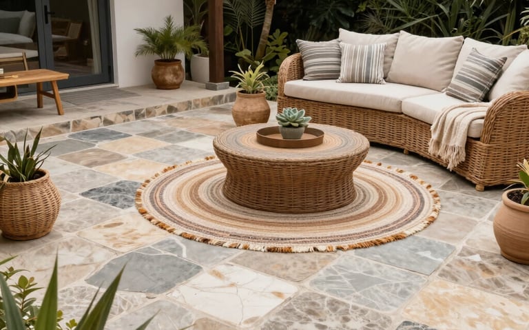 A spacious organic stone patio with comfortable seating, surrounded by tropical plants and soft ambient lighting at dusk.