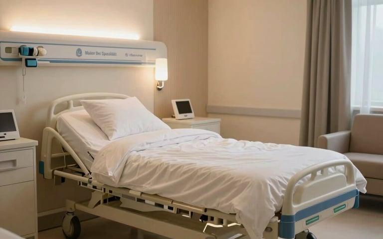 A luxurious and comfortable private patient recovery room at Mater Dei Specialist Hospital, featuring soft premium bedding, clean contemporary furniture, and calming warm light.