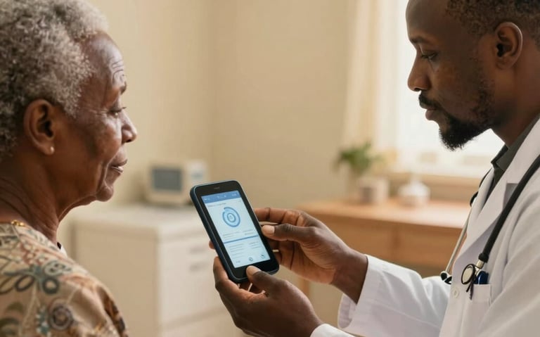 A West African / Nigerian family practitioner explaining a digital health report to an elderly patient, conveying extreme trust, elite medical environment, warm golden clinical lighting.